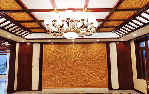 金东中式别墅客厅中式木作横梁吊顶装饰展示